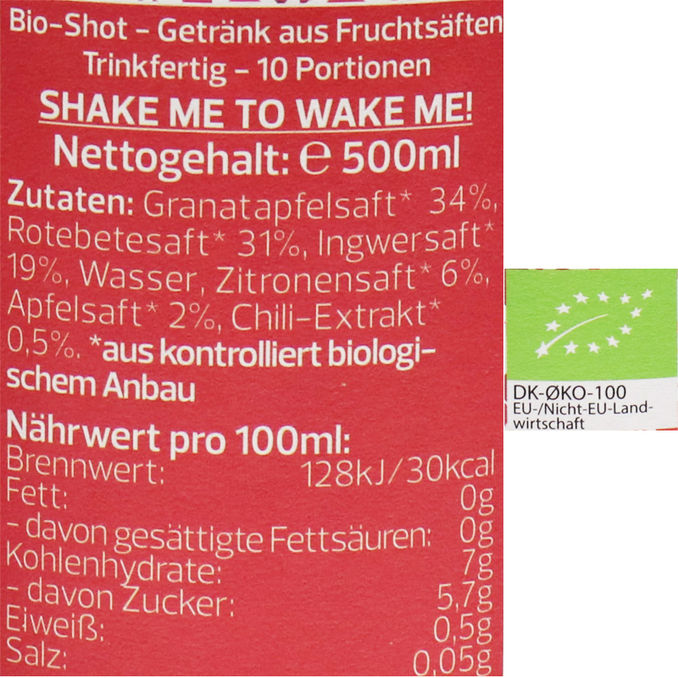 Zutaten & Nährwerte: BIO Shot Fruchtsaftgetränk Ingwer